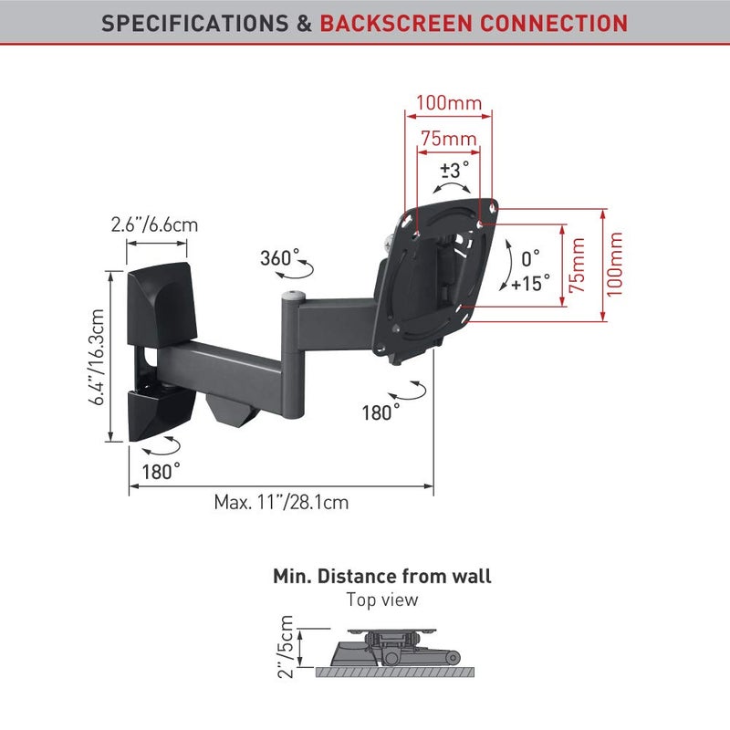 Barkan TV and Monitor Wall Mount, 13 - 29 inch Full Motion Articulating - 4 Movement Flat / Curved Screen Bracket, Holds up to 33 lbs, Lifetime Limited Warranty, UL Listed, Fits LED OLED LCD, Black (E140) - Image 3
